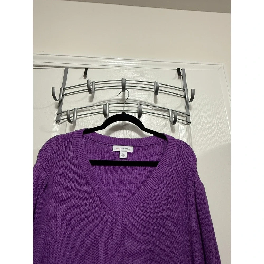Liz Claiborne Womens XXL Bright Violet Ribbed V-Neck Puff Sleeve Sweater‎ NWT